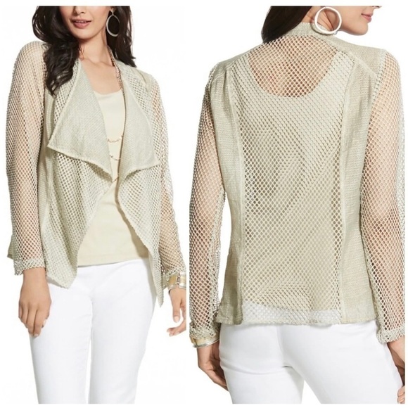 Chico's 0 Sz S Beige Green Mesh Open Draped Jacket NEW - Picture 1 of 8